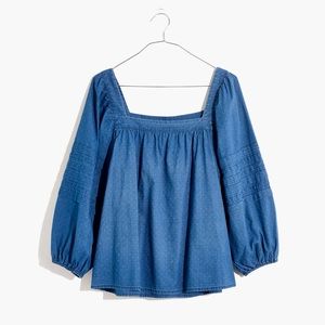 Madewell Denim Square-Neck Pleat-Sleeve Top Blue Women’s Size XS Boho Prairie